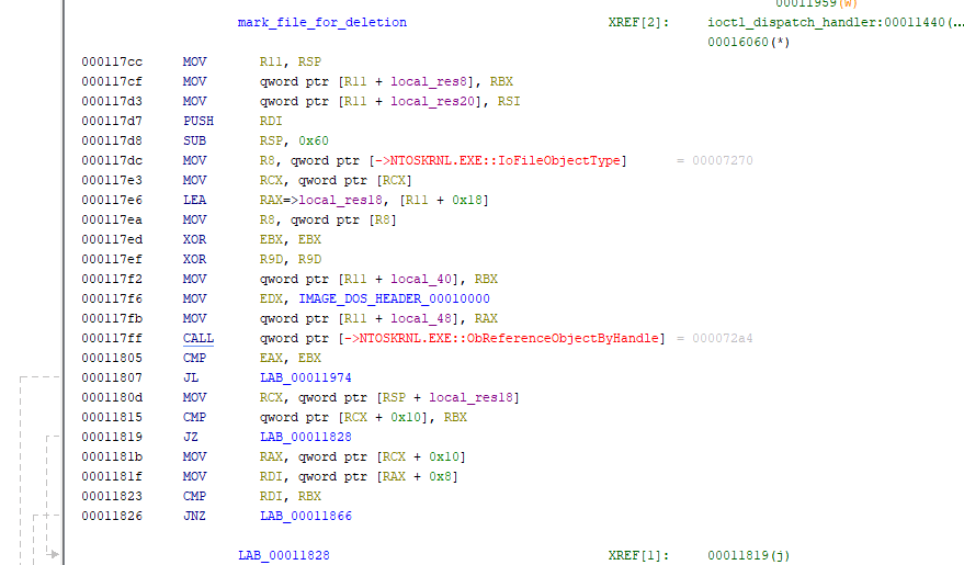 Figure 5: Step 1 of mark-for-deletion routine: ObReferenceObjectByHandle to obtain FILE_OBJECT