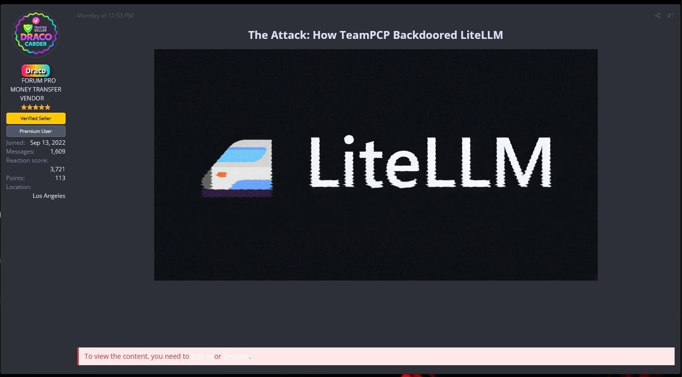 BreachForums post titled 'The Attack: How TeamPCP Backdoored LiteLLM' by user DracoCarder, a verified trusted seller, showing the LiteLLM logo