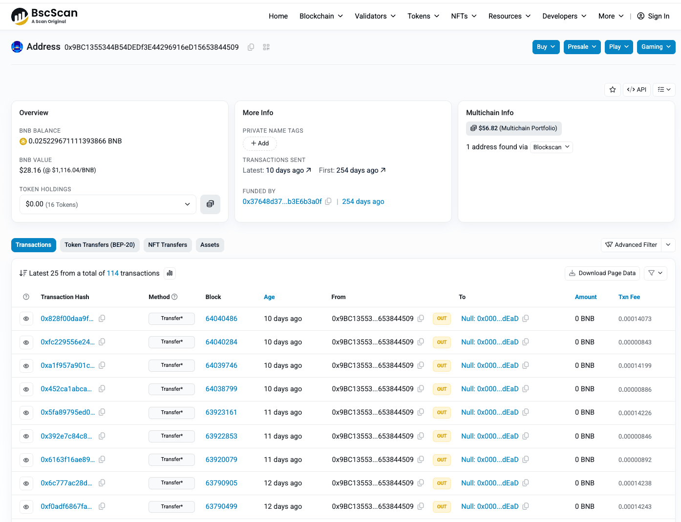 BSCScan showing 114 similar transactions from malicious wallet